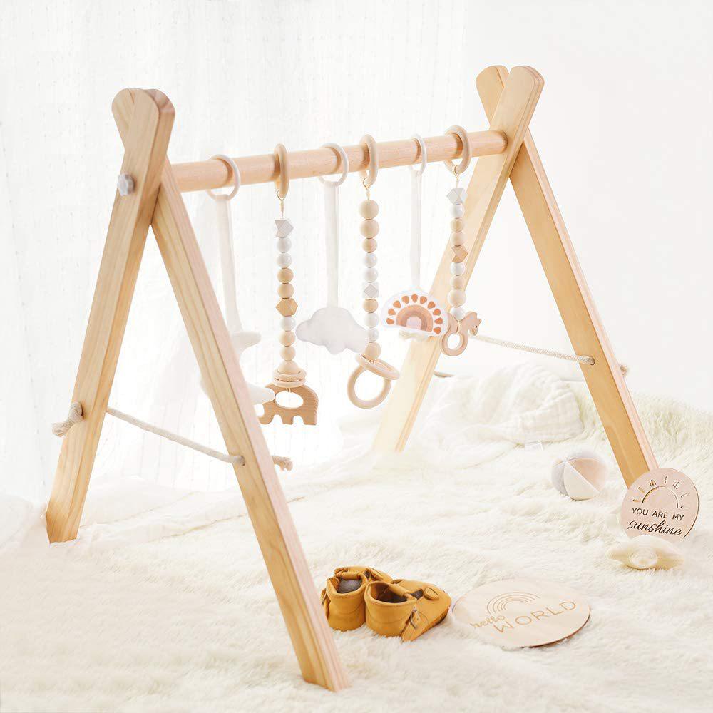 Nordic Wooden Baby Fitness Rack with Decorative Ornaments and Toy Bells