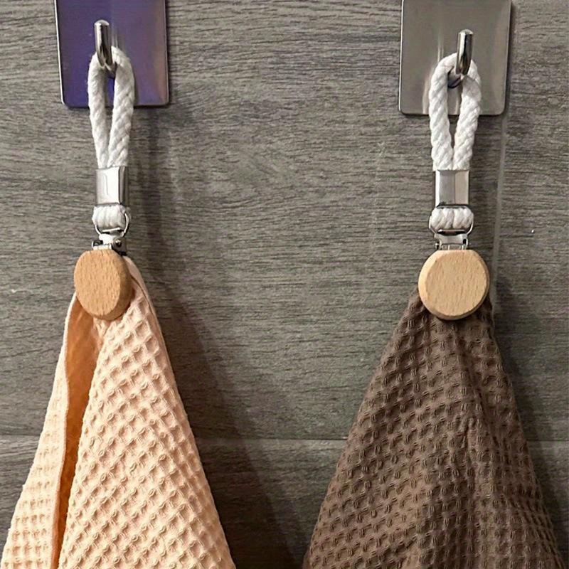 Clip multifuncional para toalla de cocina sin perforaciones, cuerda tejida, almacenamiento con cabeza redonda de madera de haya, clip para baño