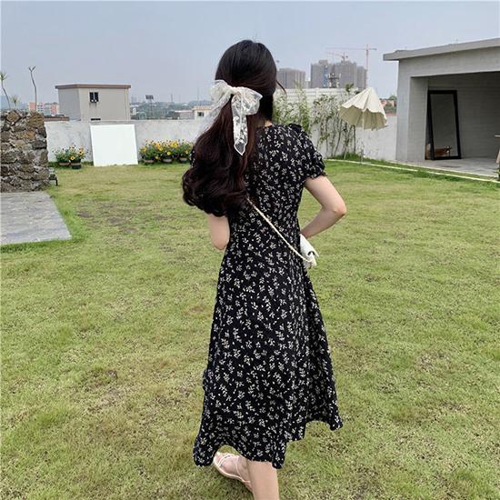 Summer Floral Temperament Skirt, Medium Length Short Sleeved French Fresh and Sweet Dress, Fairy Dress, Fashionable Women's Clothing