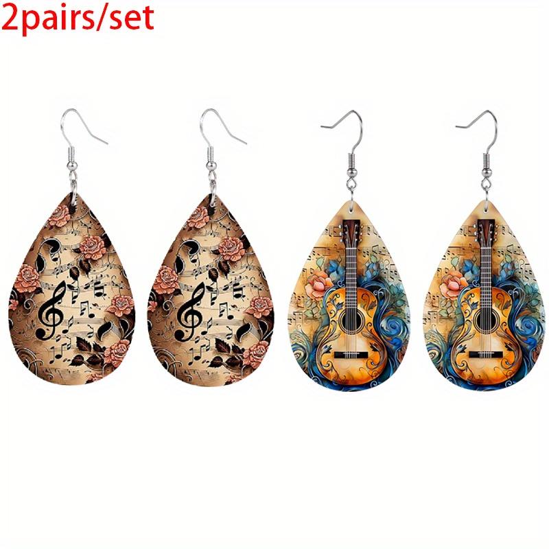 Fashion Water Drop PU Leather Earrings Vintage Musical Notation Pattern Drop Earrings Colorful Music Score Guitar Flower Pattern Teardrop Earrings