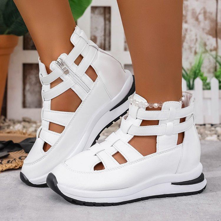 Large size strip hollow sandals summer slope heel round head side zipper thick sole casual style women's shoes