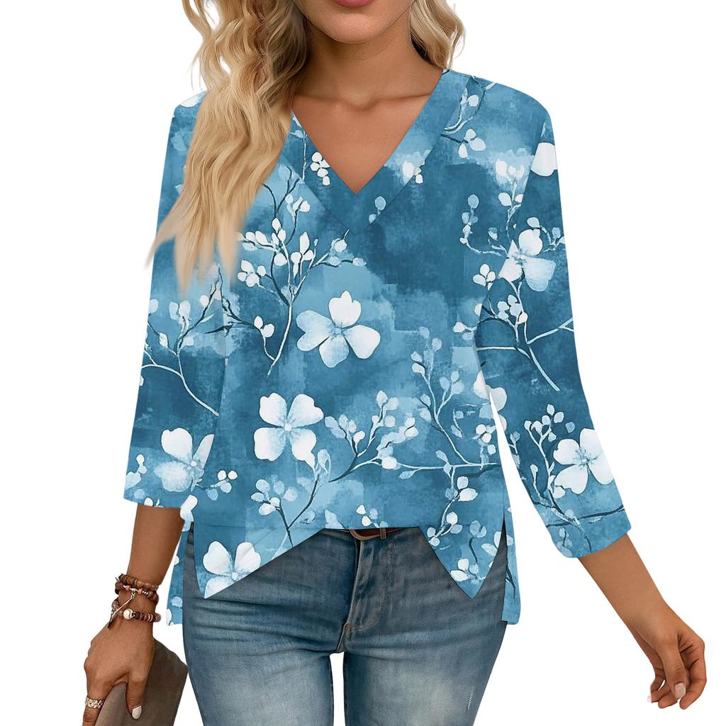 3/4 Sleeve Shirts For Women Print Graphic Tees Blouses Casual Plus Size Basic Tops Pullover
