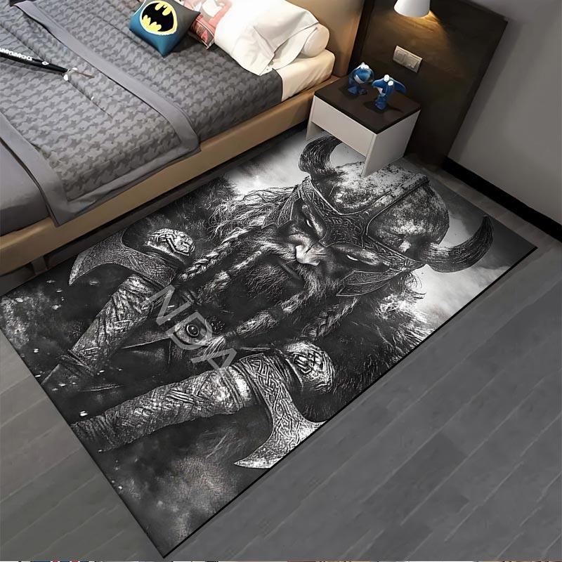 Viking Warrior Rug with Horned Helmet and Axes in Dark Style Suitable for use as an anti-slip for living room bedroom sofas