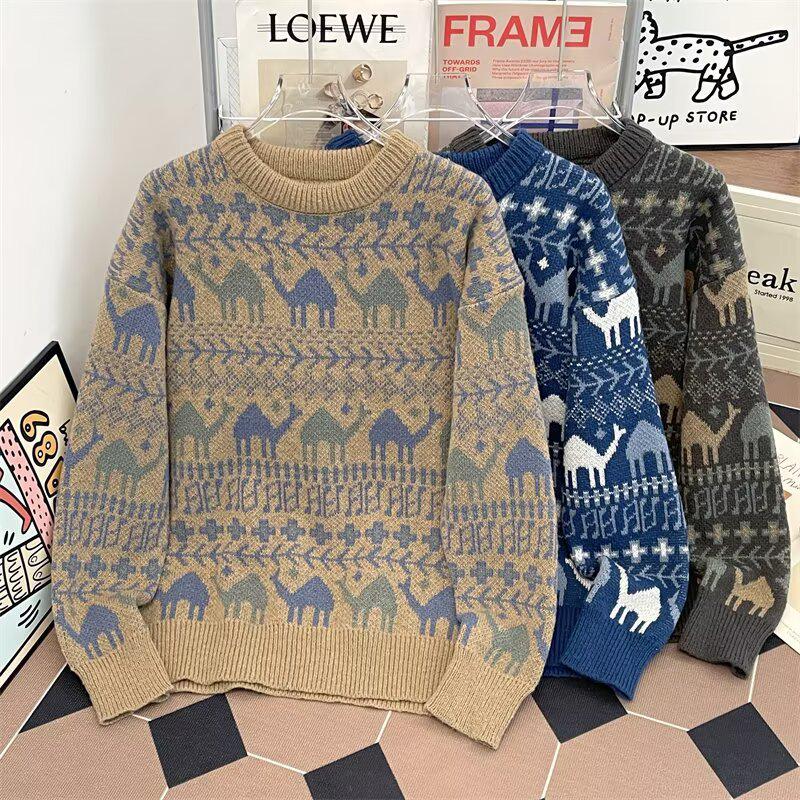 Pull Lâche Tricoté Style Japonais Rétro pour Homme, Col Rond Laineux Décontracté pour l'Automne et l'Hiver