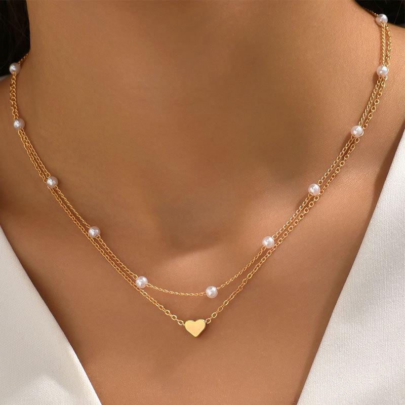 Double-Layer Heart Pendant Pearl Choker Necklace for Women