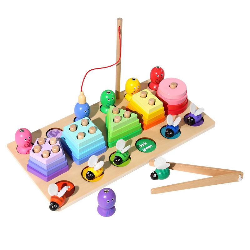 

Children s Wooden Educational Toy Set: 3-in-1 Magnetic Fishing, Logarithmic Board & Geometry Columns