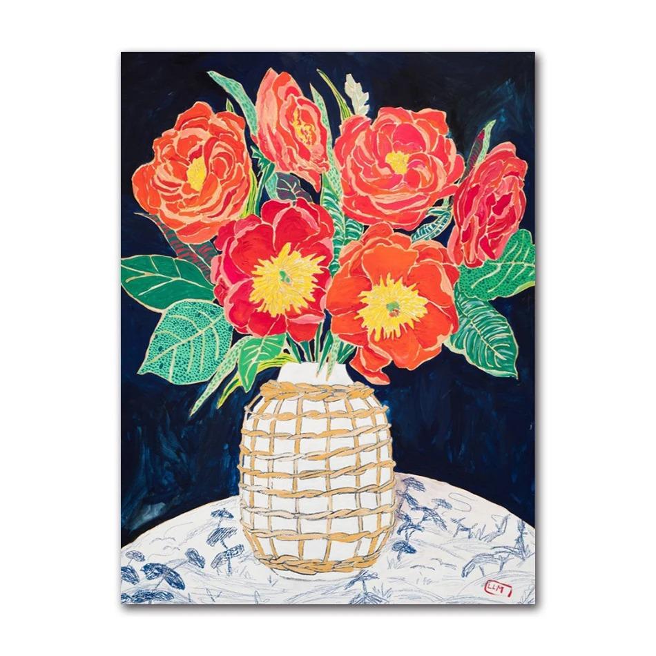 Nordic Flower Leaf Colorful Vase Art Print Wall Poster Canvas Painting Retro Picture Modern Home Decor Bedroom Decoration