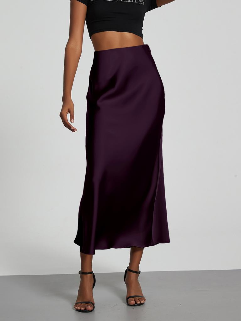 Women's Clothing Elegant Satin Midi Skirt Slim Fit High-Waisted Dress