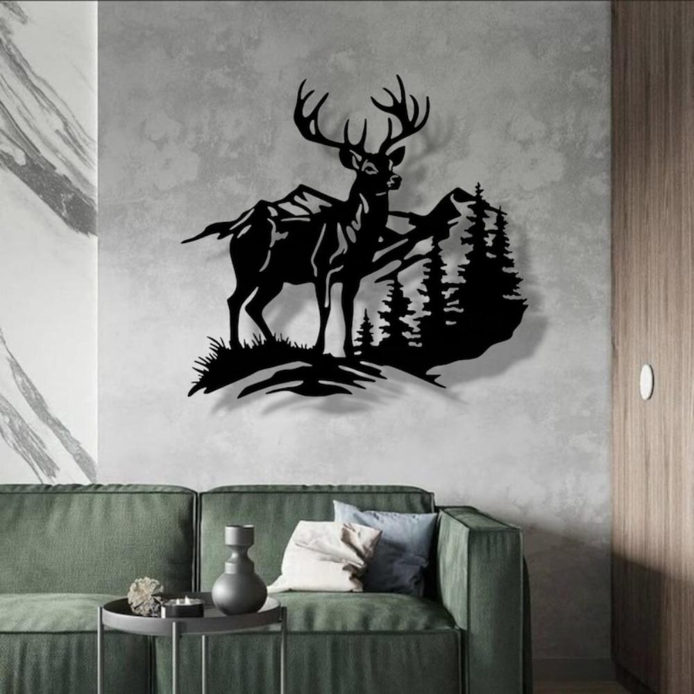 Forest Wildlife Metal Wall Art Deer Mountain Silhouette Steel Sculpture Home Decor