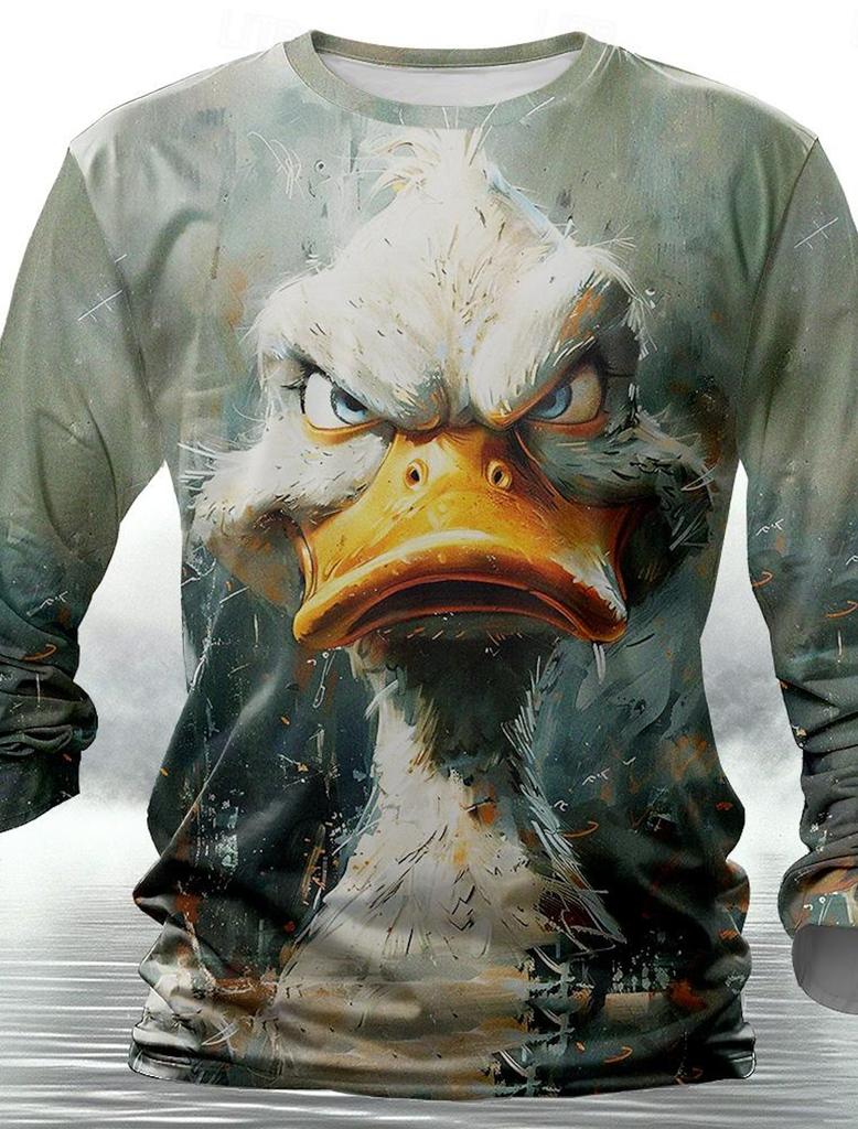 Funny animal design retro men 3D printing street casual daily gray longsleeved round neck shirt spring and autumn clothing