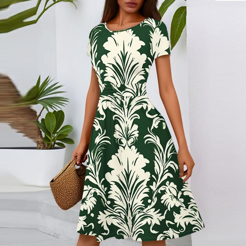 Women's Casual Fashion Round Neck Pleated Short Sleeve Floral Print A-Line Midi Dress