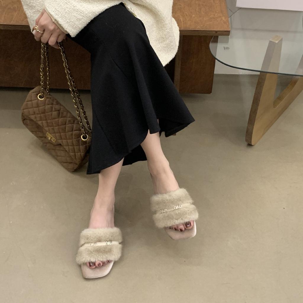 French Retro Flats Women Wear Gray Small Fragrant Style Word with Lazy Fluffy Half Slippers Internet Celebrity Ins