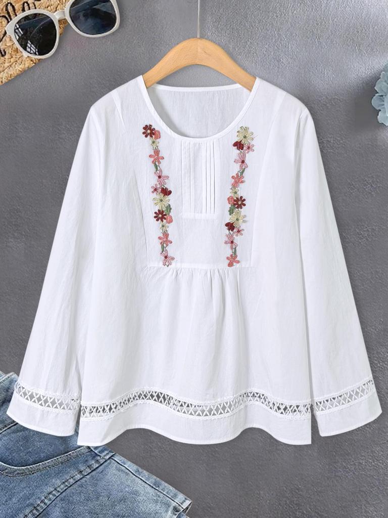2025 Women's Long Sleeve Lace Patchwork Casual Shirt - Elegant Solid Color