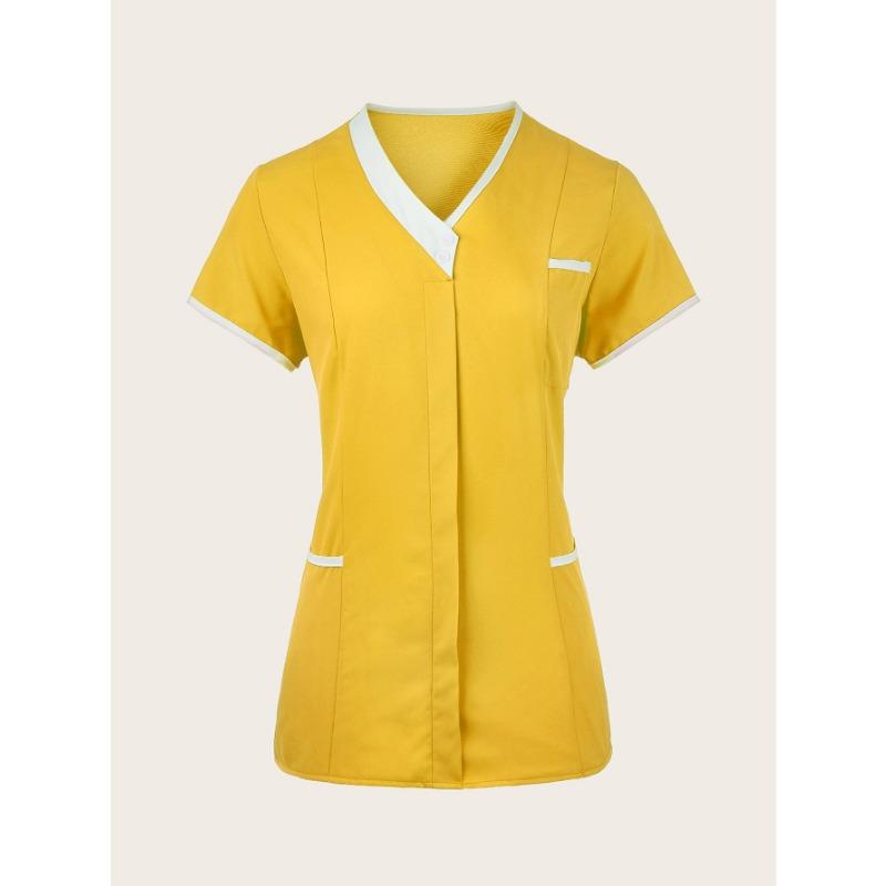 Women Solid Color Short-Sleeve V-neck Top Nurse Work Uniform Pocket Top