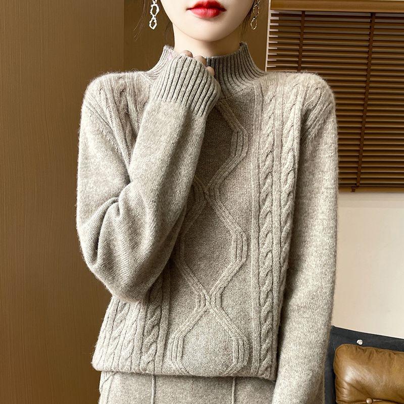 Women's Winter Thick Pure Wool Sweater - Half-Turtleneck High Neck Pullover, H-Silhouette Regular Fit with Flared Hem, Medium Stretch Long Sleeve