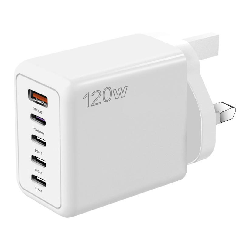 120W Multi-Port Fast Charger - 4 Ports + USB, Compatible with Xiaomi, Apple, Type-C; EU, US, UK Standards