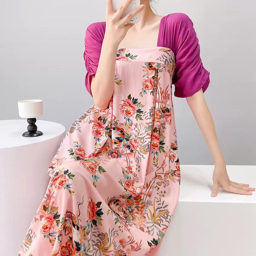 Improved Hanfu short-sleeved cotton and silk nightgown women's summer cotton and silk can be worn outside fairy air artificial cotton loungewear natio