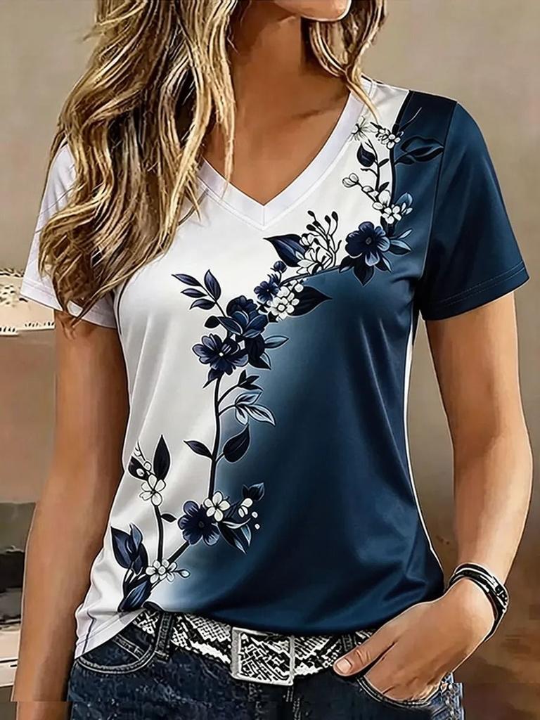 Fashion Floral Flower 3D Print T-Shirts Women Short Sleeve V-Neck T Shirt Streetwear Casual Top Y2k Harajuku Tee Female Clothing