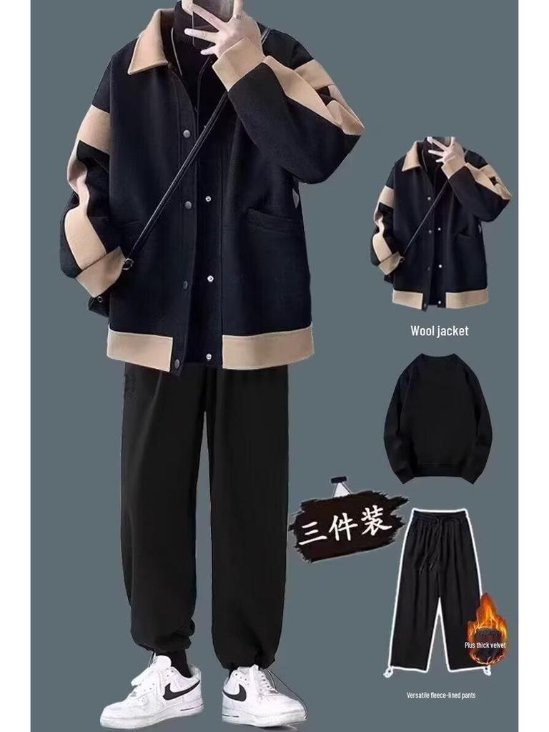 Men's Oversized Patchwork Wool Coat – Hong Kong Style Loose Fit Lapel Jacket, Trendy Korean Casual Design