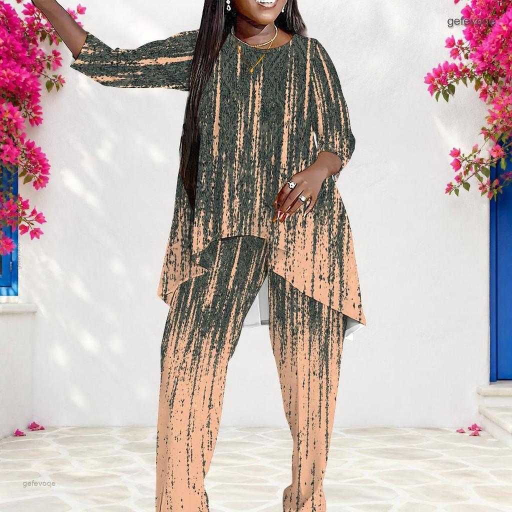 Women Plus Size Round Neck Long Sleeve Printed Layered Top Long Pants Two Piece Set