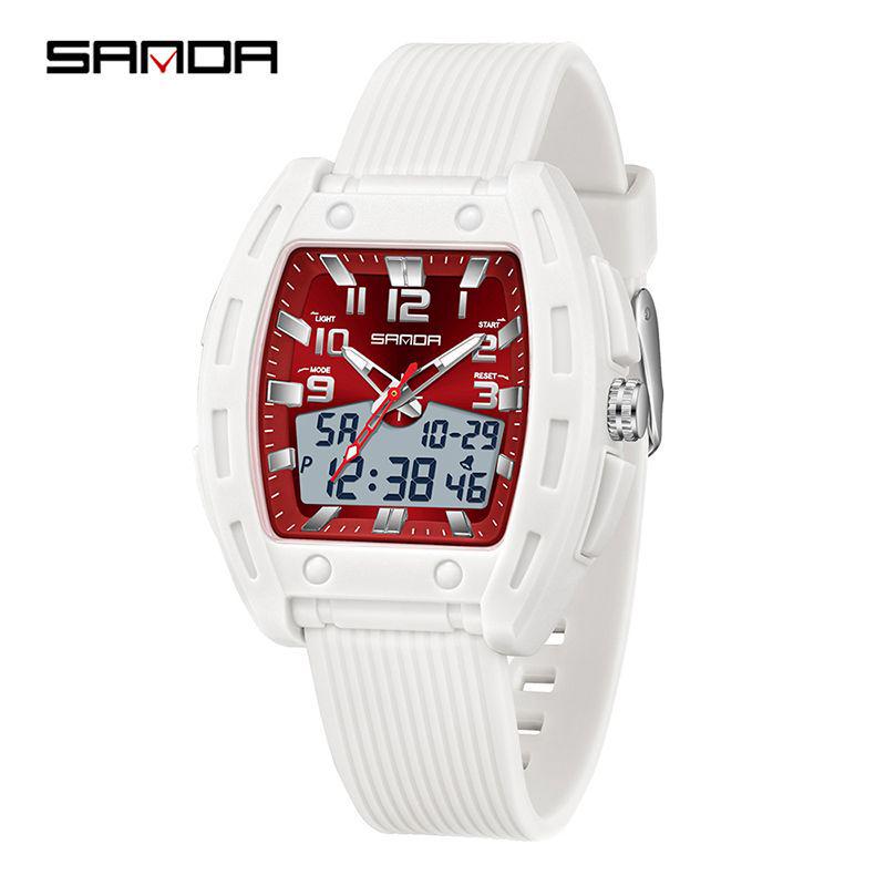 Sanda Barrel-Shaped Men's Dual Display Watch - Fashionable, Vibrant, Luminous, Waterproof, with Alarm Clock.