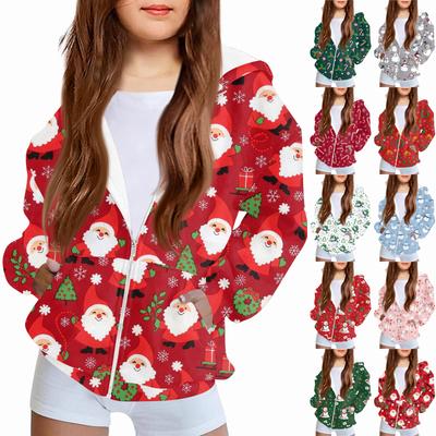 Children's Fashion Christmas Printed Long Sleeved Hooded Sweatshirt, Girls' Hoodie Jacket
