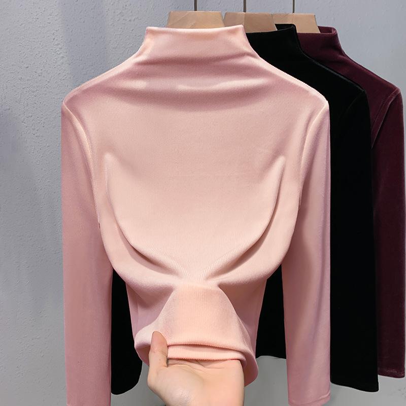 Semi-turtleneck Golden Velvet Top Women's Noble and Foreign Interior 2025 Autumn and Winter New Women's High-end Bottoming Shirt