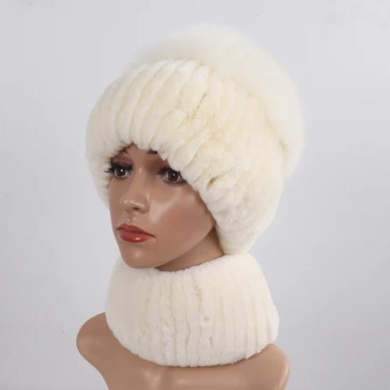 Women Winter Real Fur Hat Scarf 2 Pieces Knitted Rex Rabbit Fur Hat Top Natural Fox Fur Cap Scarves Sets Lady Warm Real Fur Caps