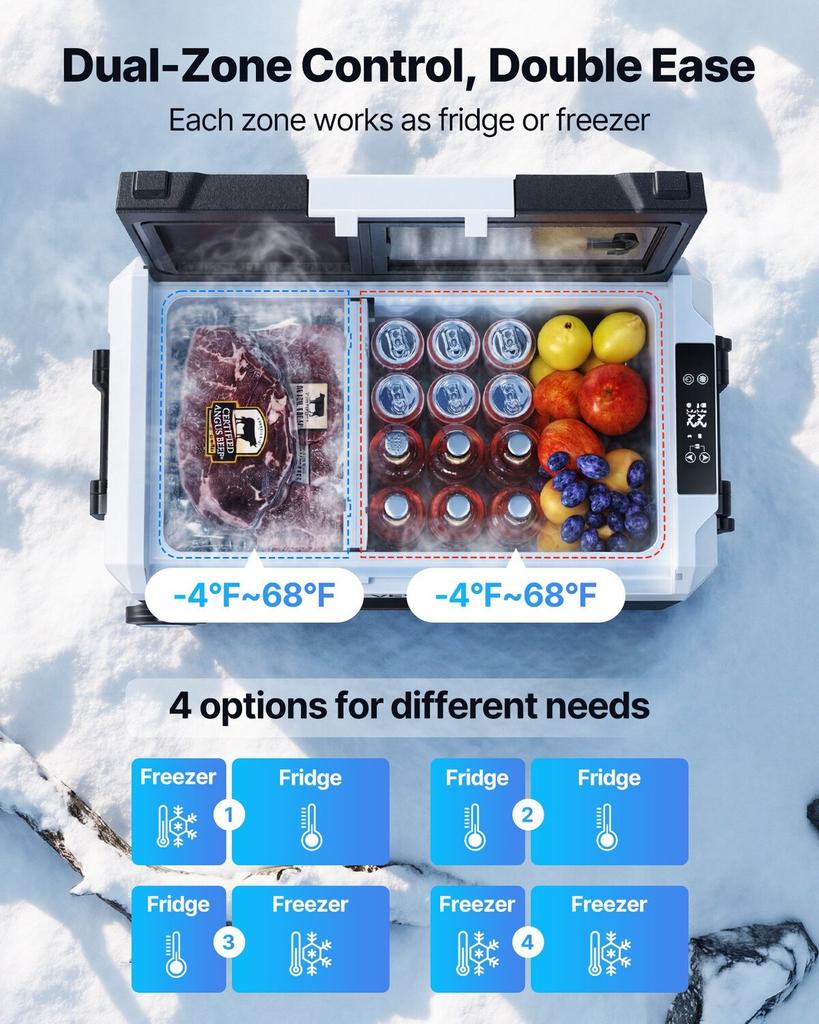 Réfrigérateur de voiture, CC 12/24 V CA 100-240 V Compresseur Refroidisseur Électrique, -20°C à 20°C Réfrigérateur de Camion avec Contrôle APP, Roues & Double Zone, 45L Voitures