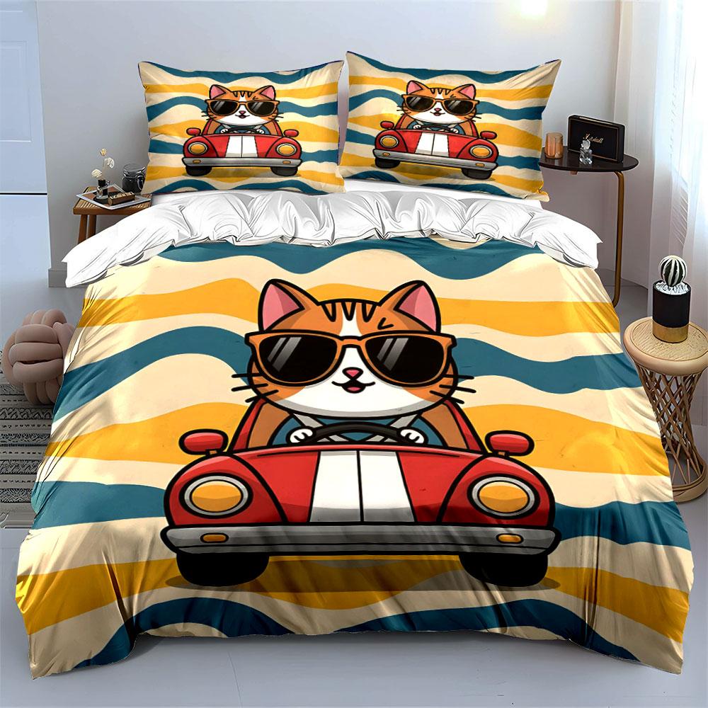 Cat driving red car. Bedding sets Duvet cover sets Duvet covers Pillowcases(1 * Duvet Cover 2 * Pillowcases without duvet insert)