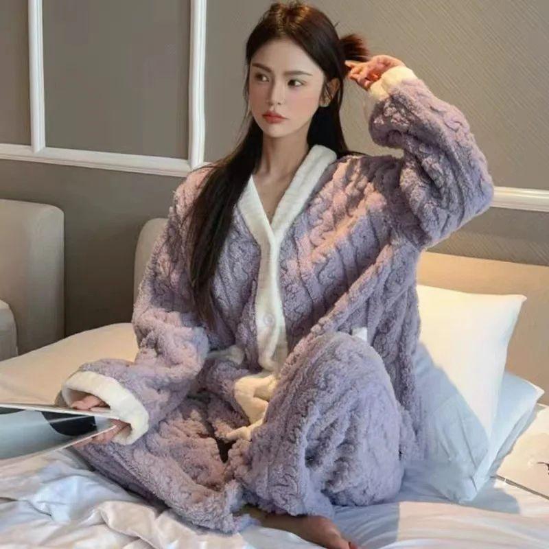 2pcs/Set Autumn and Winter Pajamas Women Thickened Padded Warm Students Coral Girls Clot Velvet Suit Homewear Cardigan Trousers