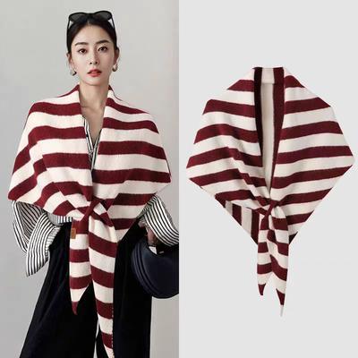 Autumn And Winter  Women'S Neck Wrap Wool Blended Triangular Striped Shawl Female Thickened With Knitted Warm Shoulder