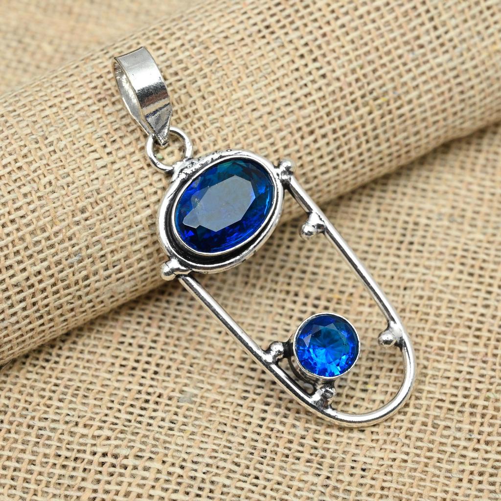 Blue Sapphire Lab-Created Handmade Jewelry Solid 925 Sterling Silver Gorgeous Pendant For Her