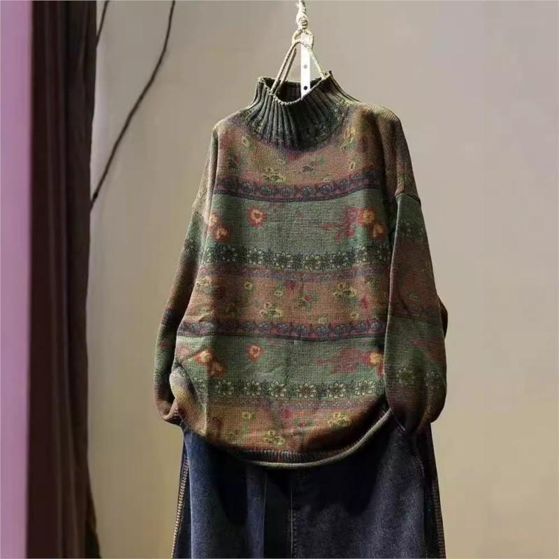 Korejský Vintage květinový potisk Mock Neformální Volný Svetr Žena Podzimní Móda Svetr s dlouhým rukávem