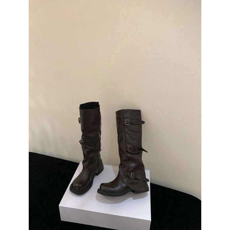 

French retro thick-heeled boots women s autumn and winter black thick-soled thin boots women s wasteland wind wrinkled pile short boots 39 коричневый