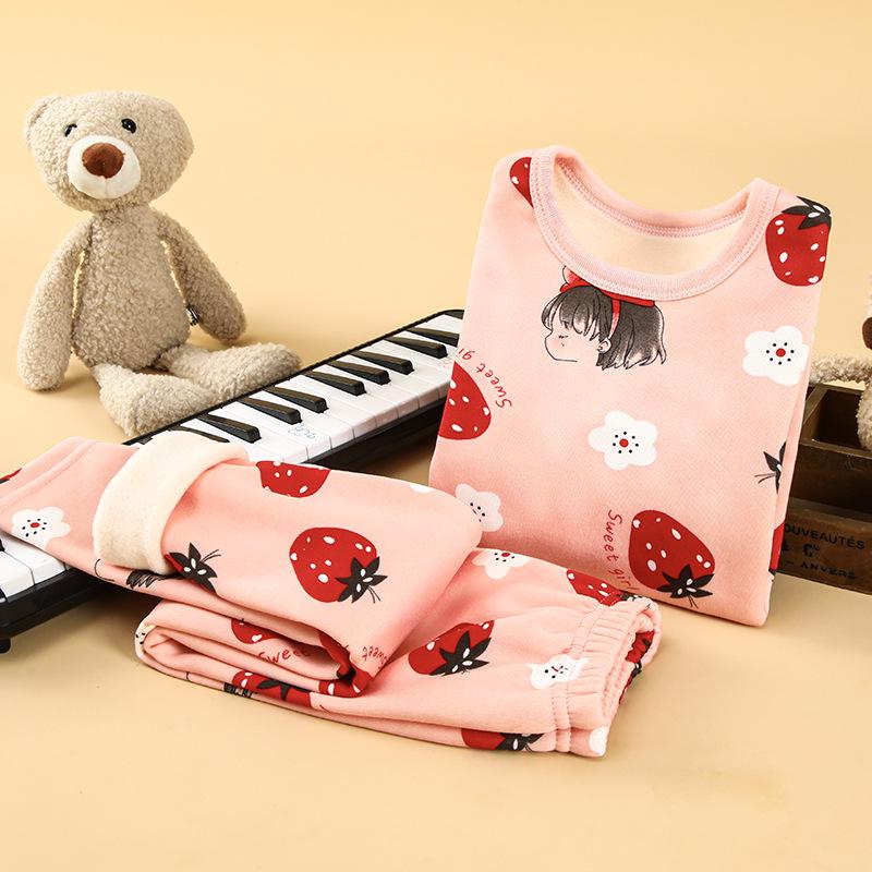 Children's Fleece-Lined Warm Pajama Set for Boys and Girls - Thick Winter Home Wear Pants and Top