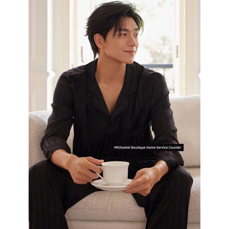 

Weijia Moonlight Satin Surface Silk-like Pajamas for Women and Men Couple Long Sleeves Stripes Plaid Casual Homewear Suit Men Black XL