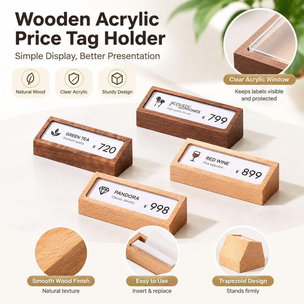 Wooden Base Price Label Stand Beech Wood Table Number Card Holder Cosmetic Display
