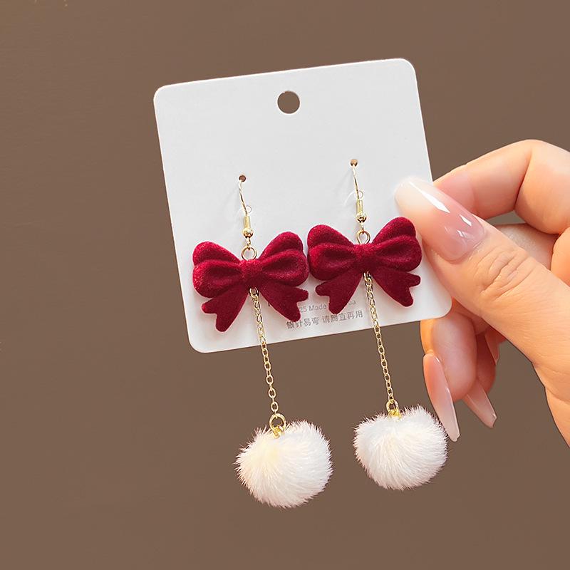 2024 Silver Needle Flocking Burgundy Bowknot Earrings - Chinese New Year Spring Festival Rose Design