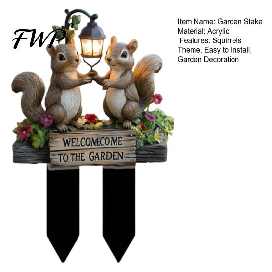 Outdoor Garden Ornament Two Squirrels Decorative Stake, Welcome to The Acrylic Yard Accessory Art, Street Lamp Squirrel Sign for Lawn Pathway