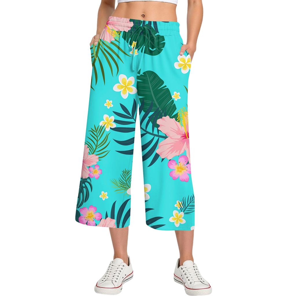 Damen Sommer Hohe Taille Bedruckte Freizeit-Sportbekleidung Lässige Cropped-Hose Weite Hose