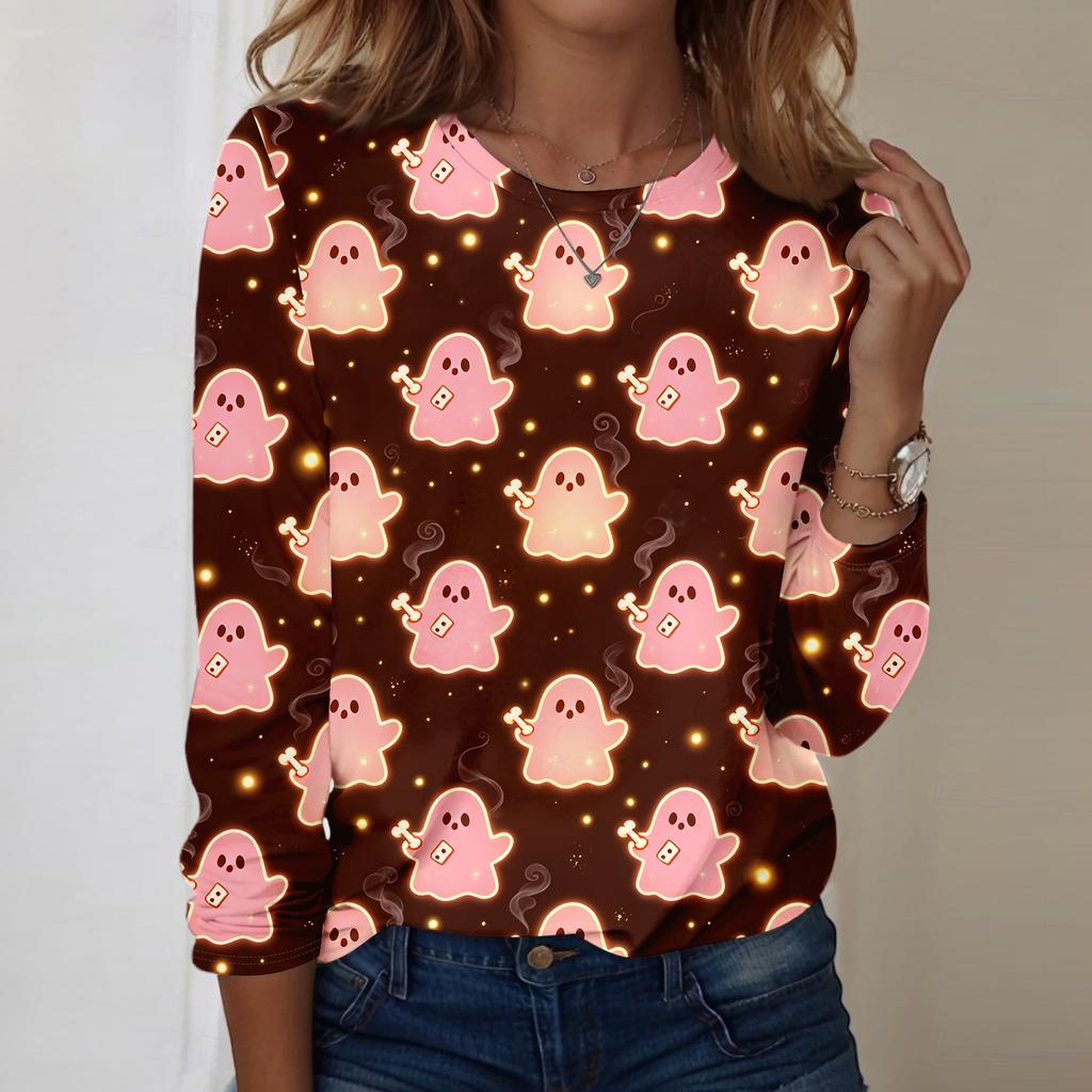 Women's Long Sleeve Casual Pullover Sweatshirt Halloween Printed Crewneck Top Lightweight Comfortable Fit for Everyday Wear