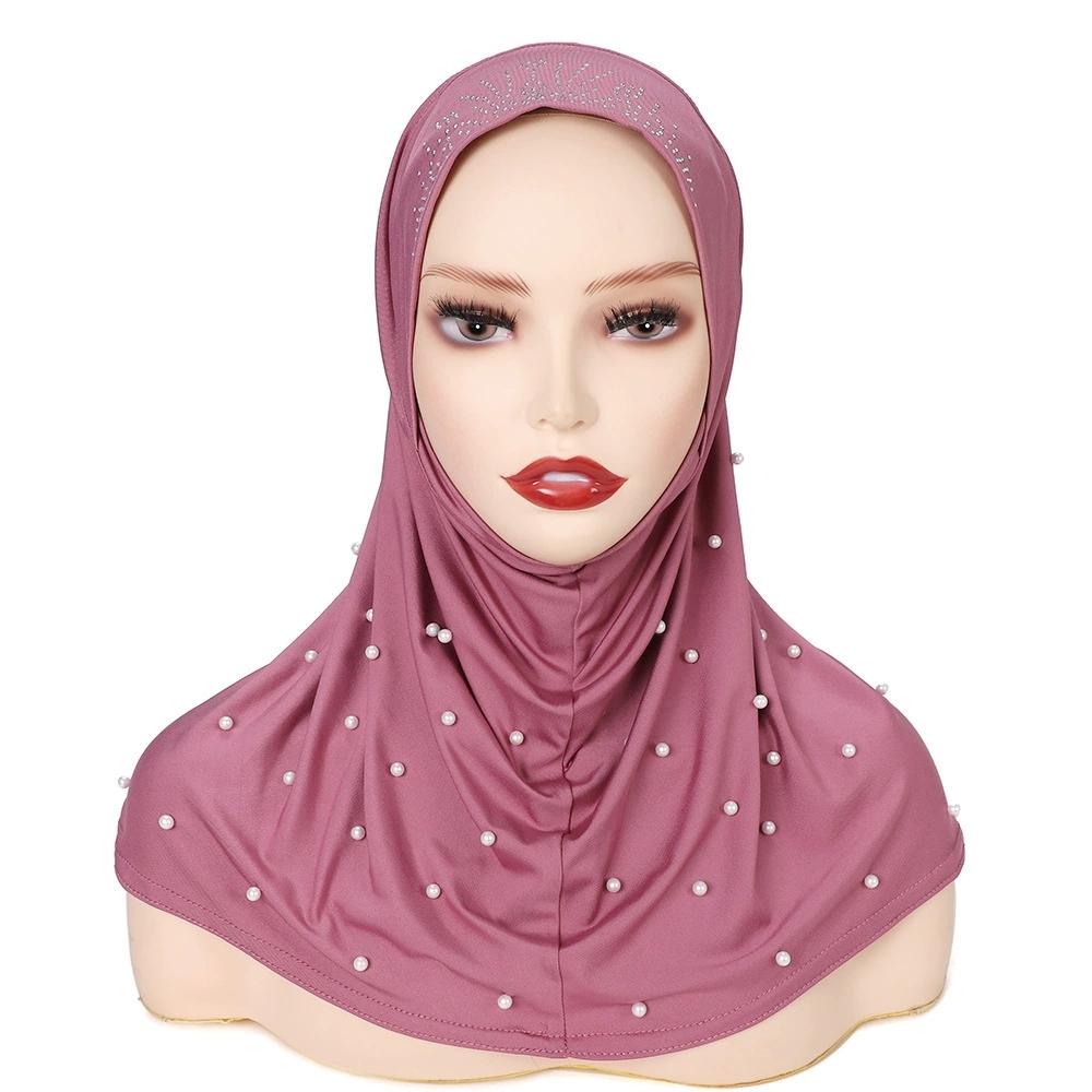 Women Pearl Decorated Hijab Scarf Shimmer Edge Shawl Women Soft Premium Jersey Hijab Turban Islam Solid Color Headscarf