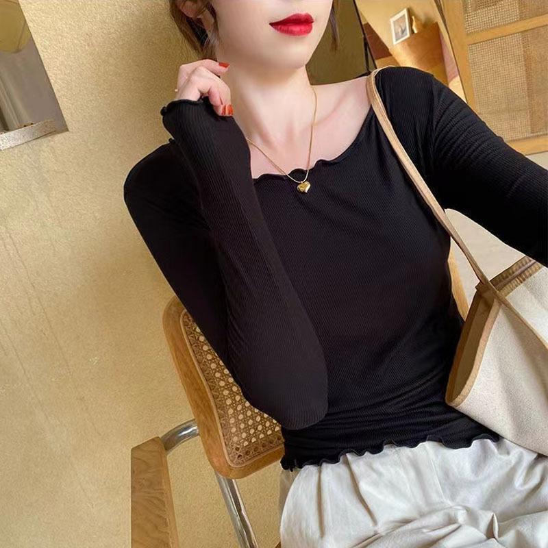 Dámské základní modely dřevěných uší triko s kulatým výstřihem a dlouhým rukávem Uvnitř topů Spodní košile