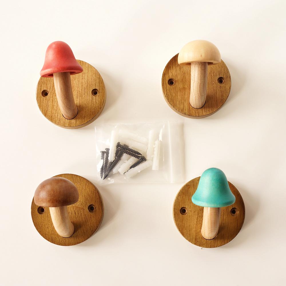 Nordic Wooden Mushroom No-Drill Adhesive Hook - Creative and Cute Coat Hook for Entrance, Bedroom, Dorm, or Door.