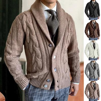 Men Sweater Cardigan Lapel Long Sleeve Twist Texture Button Closure Solid Color Knitting Coat Loose Fit Casual Outerwear
