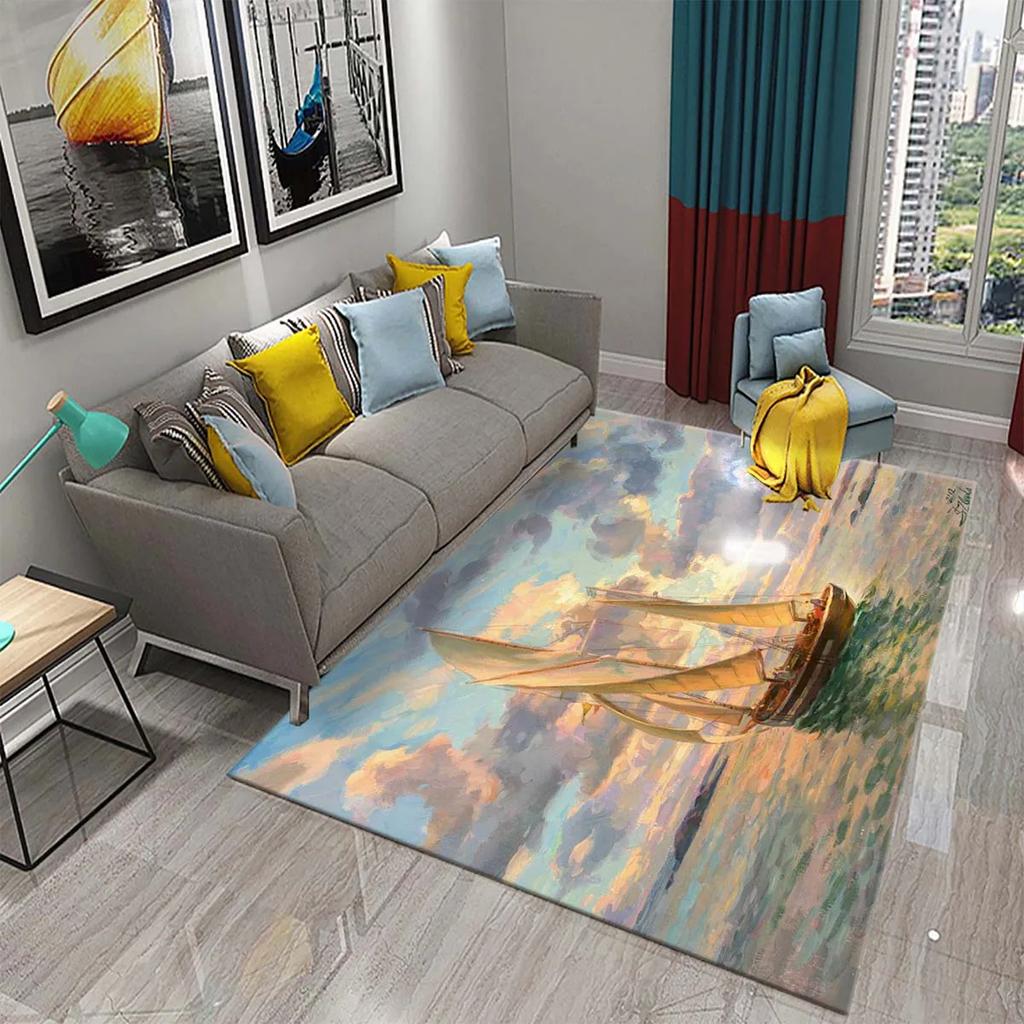 Oil Painting Sailboat Carpet Bathroom Mat Sea Scenery Waves Non-Slip Rug Kitchen Doorway Carpet Living Room Bedroom Decor Rugs