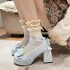 Cross Strap Women High Heels Mary Jane Pumps Party Wedding Cosplay Beige Blue Bow Princess Cosplay Lolita Shoes 2025