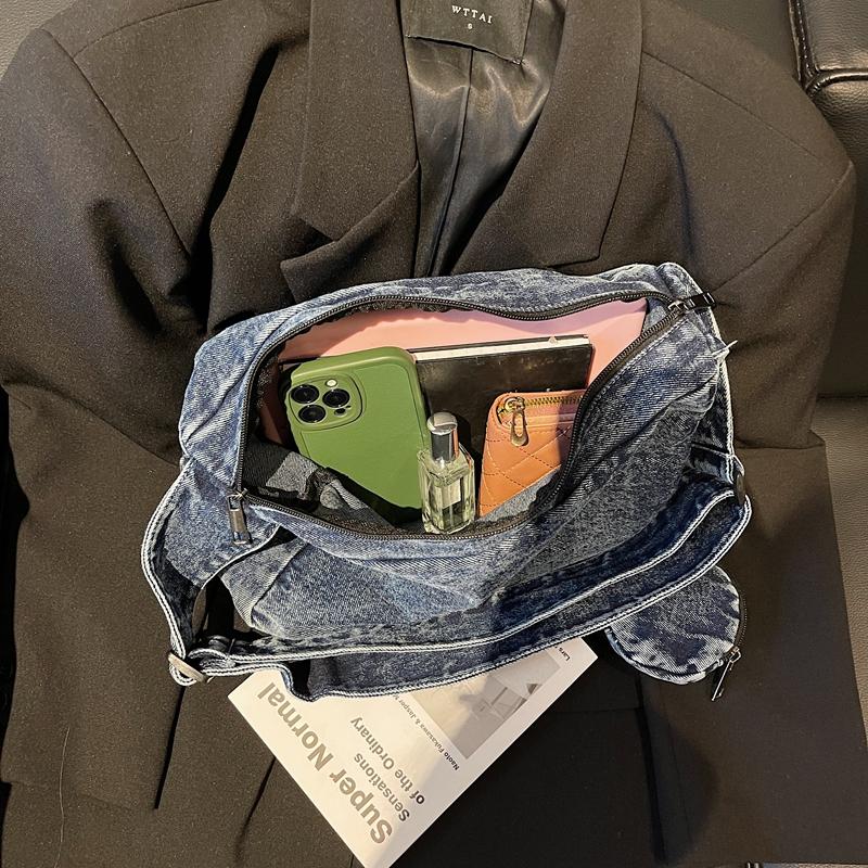 Solid Color Crossbody Bag Underarm Bag Women Denim Bag Commuter Shoulder Bag