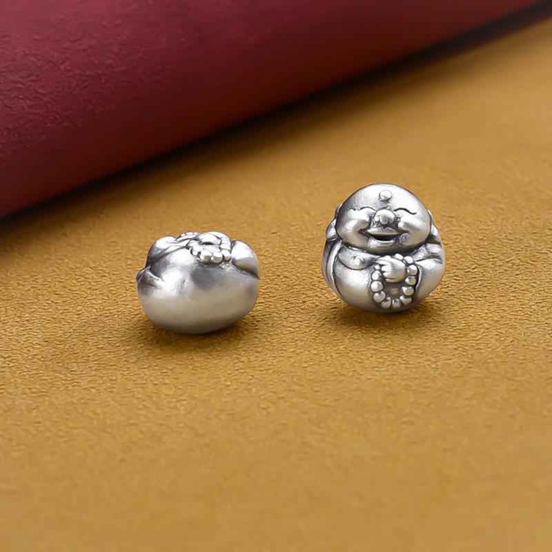 999 Sterling Silver Laughing Buddha Spacer Bead Pendant for Woven Bracelet DIY Crafts